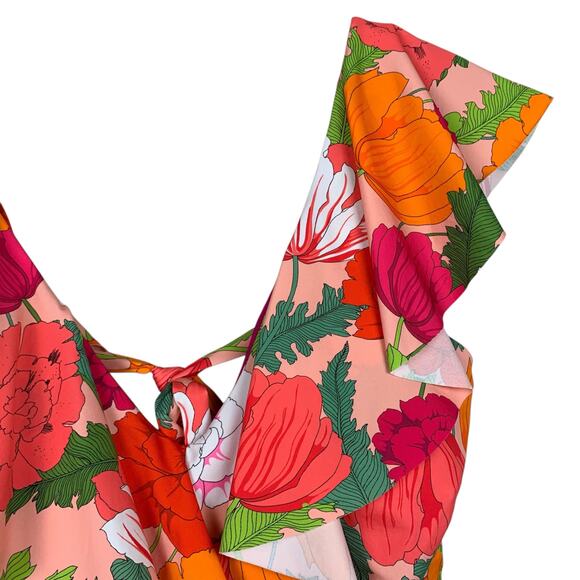 Trina Turk Sunny Bloom Ruffle Neck One Piece Swimsuit Pink Floral Women's 10 - Picture 4 of 10